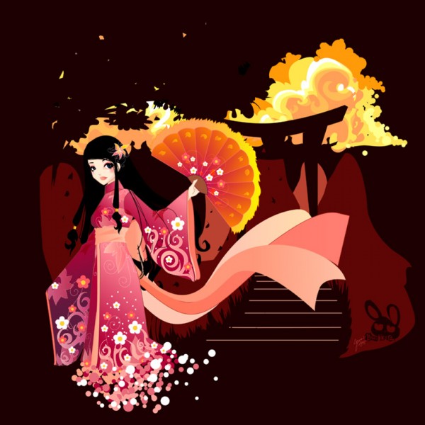asian sunset geisha forest design vector artwork