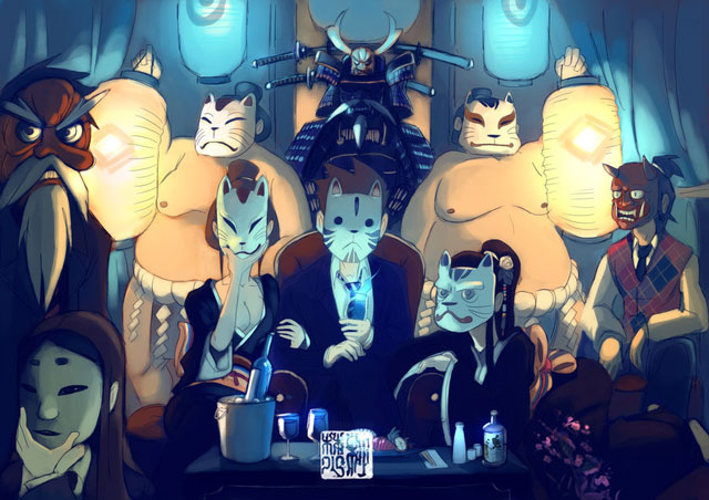 Nohkan_Mask_Party_by_takeru_san mask party character illustrations