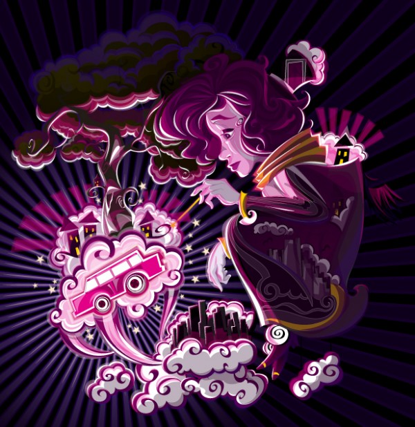 spare time creepy forest light car girl purple vector design artwork