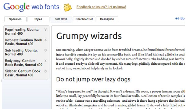 Test Drive for web developers Google Font embed tool